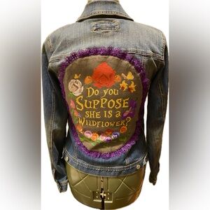 Disney Alice and Wonderland Upcycled handmade Denim Jacket. Wildflower Design.